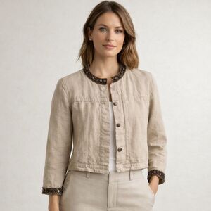 Carol Little Petite Linen Cropped Jacket Beaded Trim PM Beige